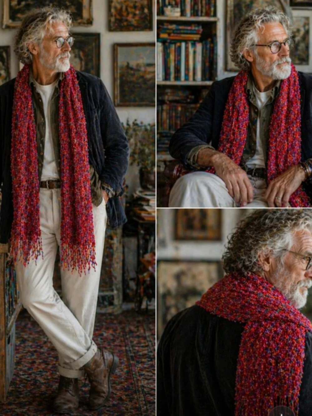 Vintage Textured Fringe Scarf – Red Pink Multi Knit | Soft Luxe Wrap